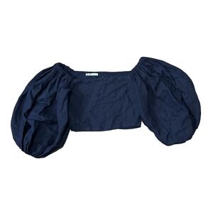 Ostra Brasil Off Shoulder Balloon Sleeve Top Navy Blue Linen Crop Women Small